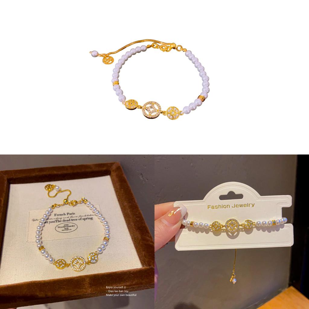 Light Luxury Gold Plated Zircon Copper Coin Pearl Bracelet For Women Gift