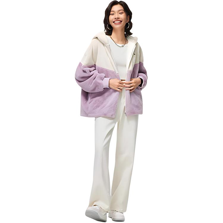 Giacca in Pile con Cappuccio a Maniche Lunghe Color Block Li Ning Donna Capispalla Bianco Sporco Rosa Loto Viola AFDT658-4