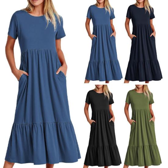 Abito estivo da donna maniche corte girocollo orlo ampio plissettato linea ad A tasche lunghezza a metà polpaccio abbigliamento femminile vestito estivo svolazzante