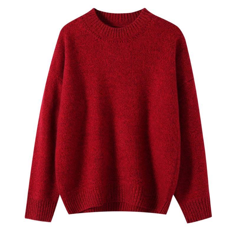 Women's 1980 Marled Yarn Round Neck Cashmere Sweater - Three-Strand Thick, Loose & Casual for Middle-Aged Moms
