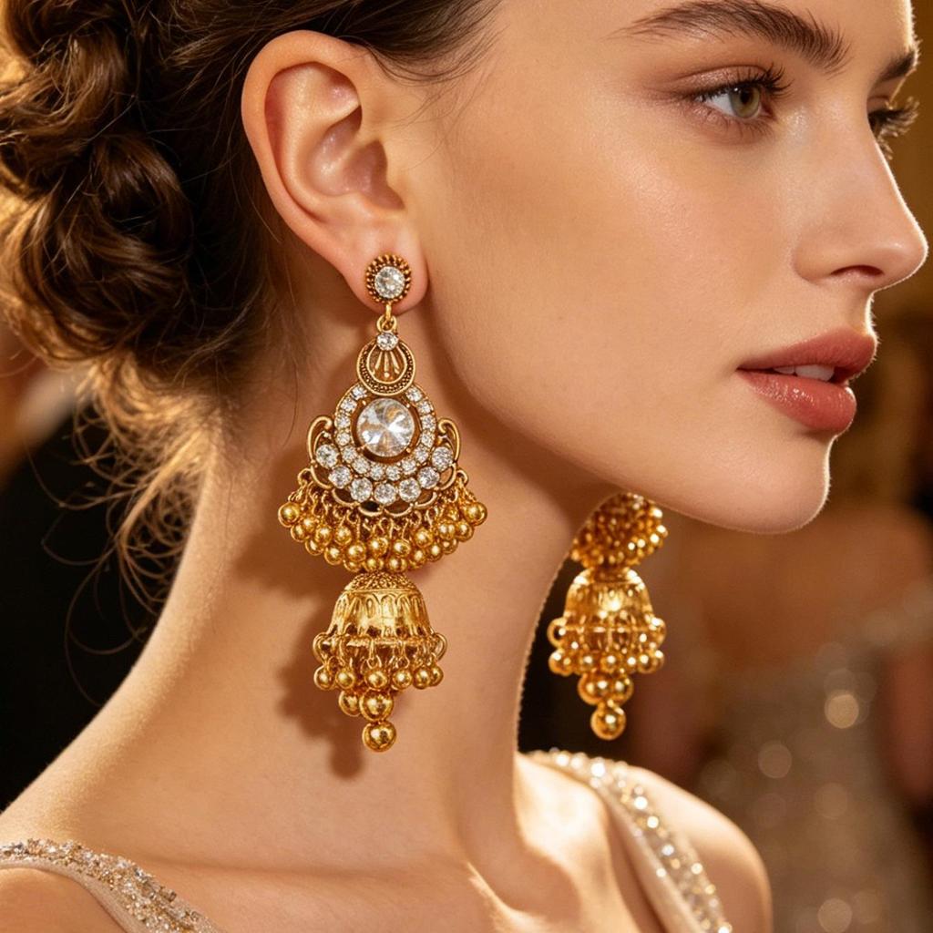 Indian-Style Long Earrings with Rhinestones, Beads, Bells, and Tassels