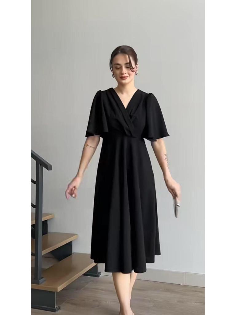 2025 Summer European & American Puff Sleeve V-Neck Waist-Gathering French Long Dress