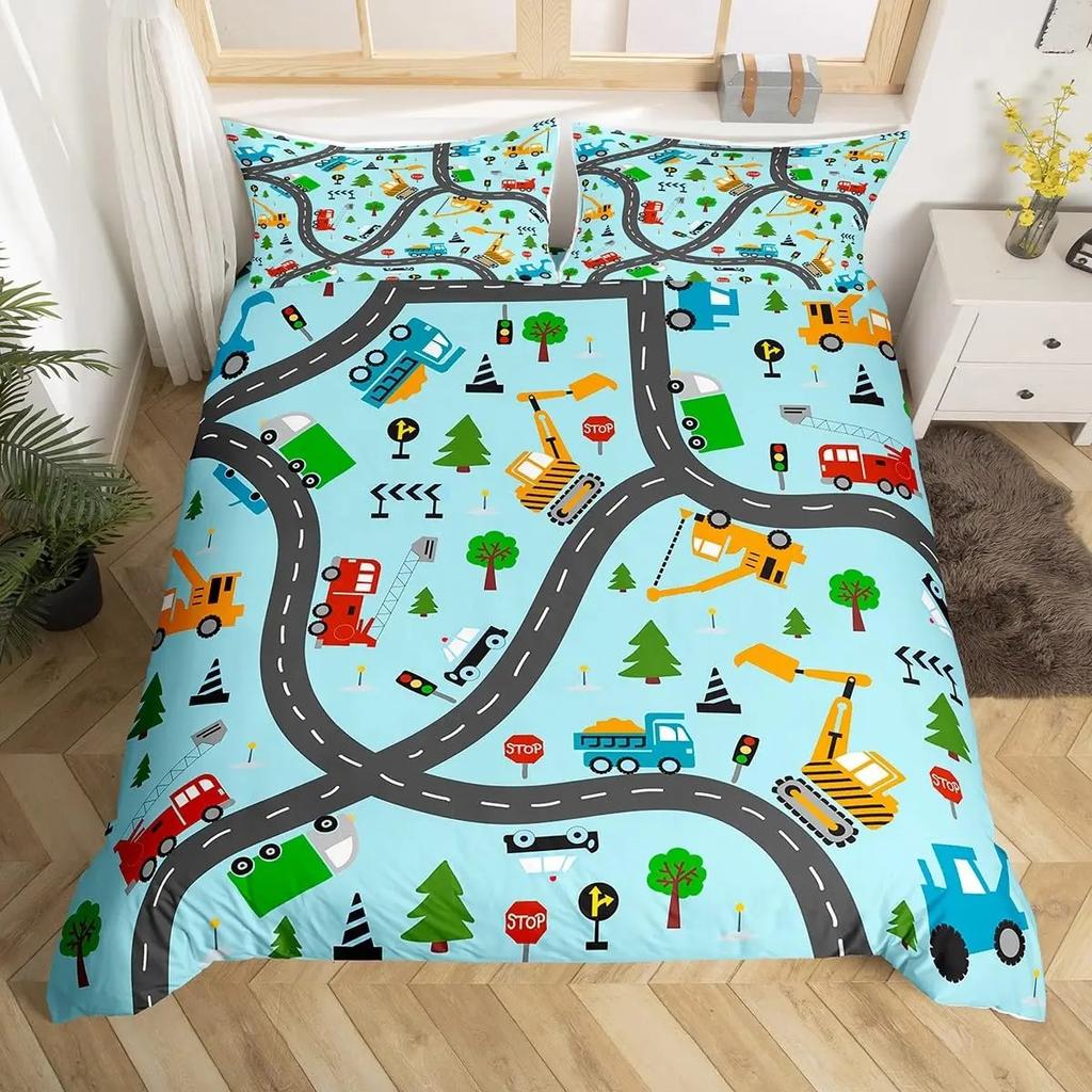 Poszewka na kołdrę z motywem samochodu z kreskówkową mapą drogową dla dzieci, zestaw pościeli dla chłopców, wystrój pokoju, geometryczne linie, poszewka na kołdrę z motywem samochodu ulicznego
