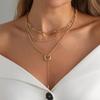 Women's Geometric Double Ring Layered Necklace With Bar Pendant Y Shape Chain Stylish Metal Collar For Daily Office Wear