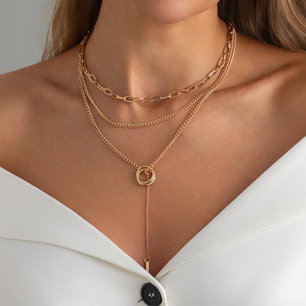 Women's Geometric Double Ring Layered Necklace With Bar Pendant Y Shape Chain Stylish Metal Collar For Daily Office Wear