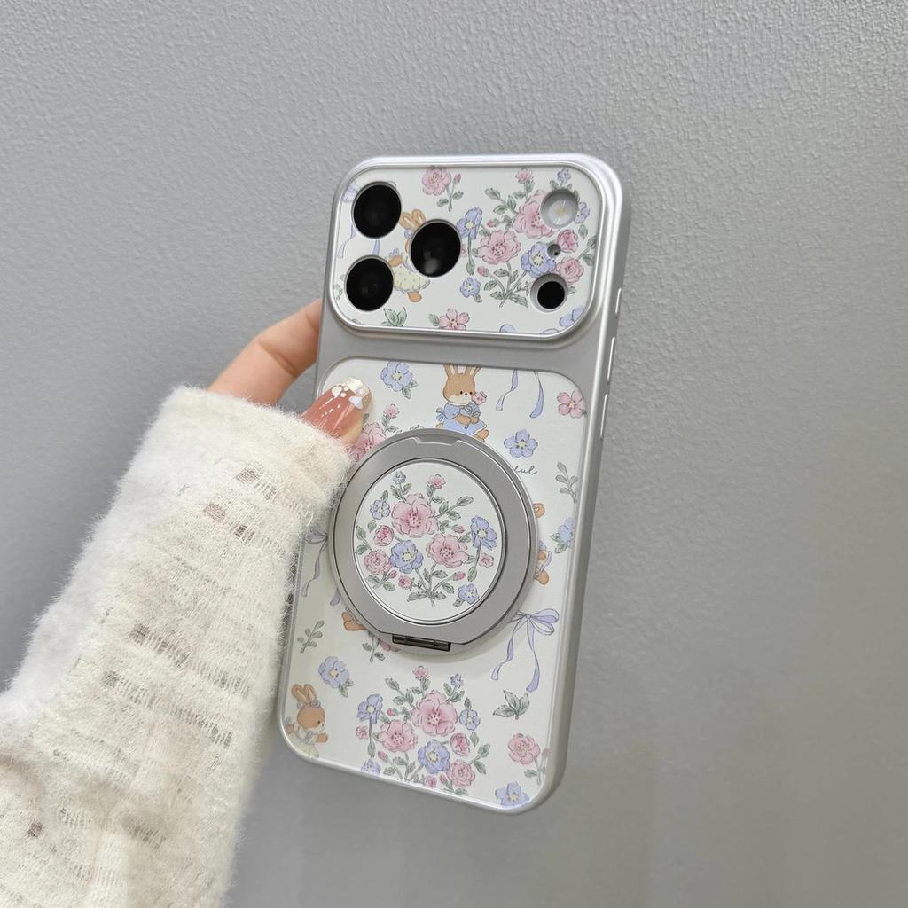 Flower Rabbit Rotating Bracket Suitable for Apple iPhone16/17Pro Mobile Phone Case 15 Electroplating Large Window 14 Sets