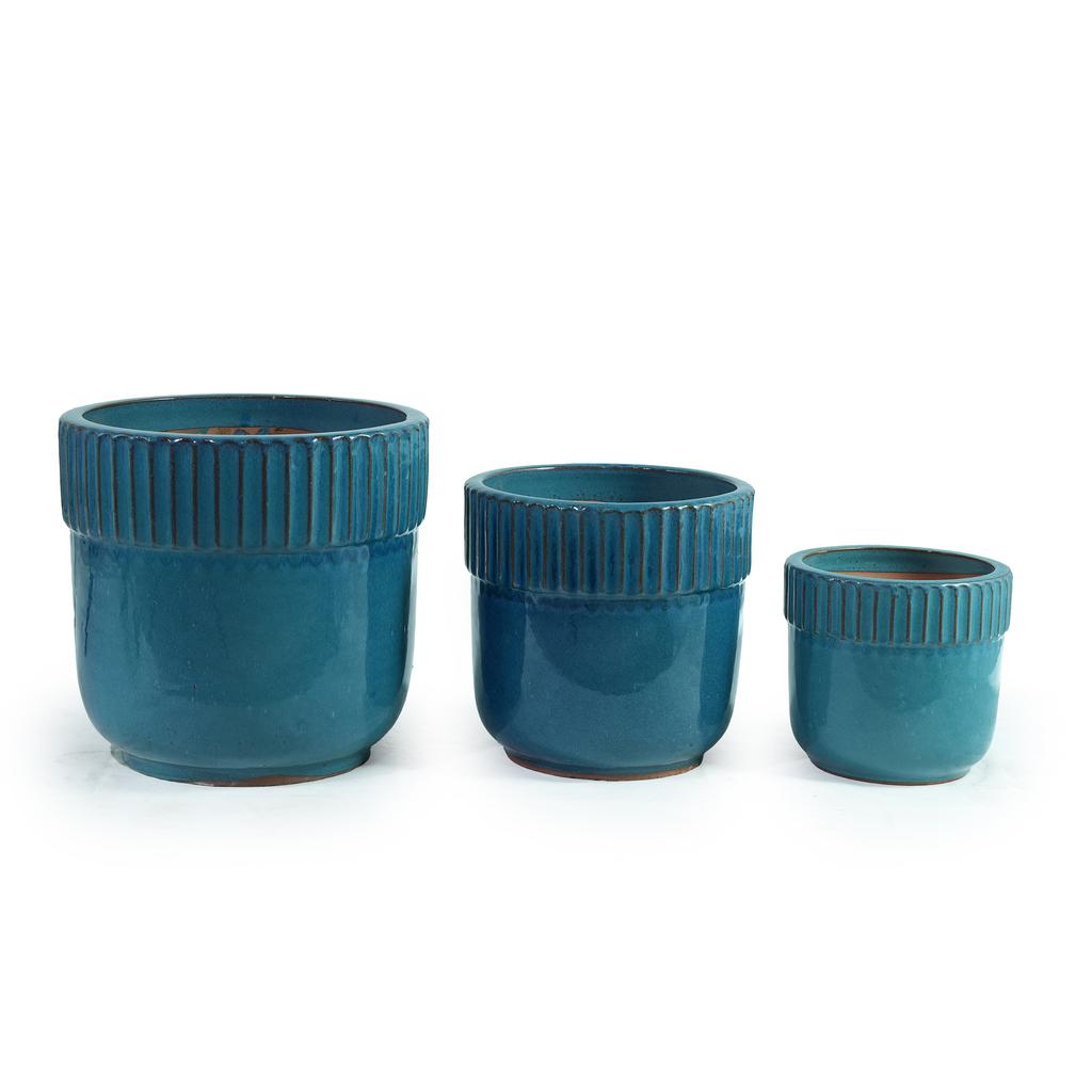Handmade Ceramic Plant Pot Set 3-Piece (diameter 38/30.5/23 Cm), Glossy Turquoise Blue with Vertical Groove Trim, Frost-Resistant, with Drainage Holes