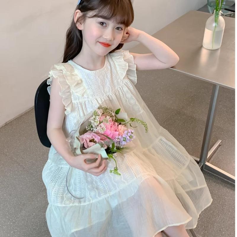 Girls French Sweet Ruffle Princess Dress Summer Midi Sleeveless Party Gown For Big Kids 110