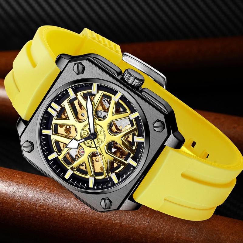 Biden Biden 0323 Men S Mechanical Watch Fully Automatic Watch, Waterproof Hollow Silicone Strap Square Watch