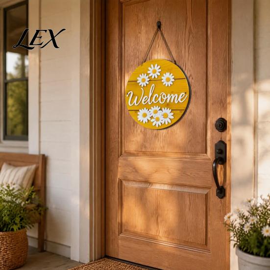 Hanging Sign with Hemp Rope Wooden Daisy Welcome for Front Door, Rustic Farmhouse Wall Decor Handmade House Rope, Wood Plaque Home Entrance