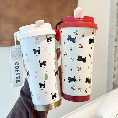 Floral Kitten Design 550Ml Dual-Drink Vacuum Insulated Cup, Large Capacity Portable 316  Water Bottle