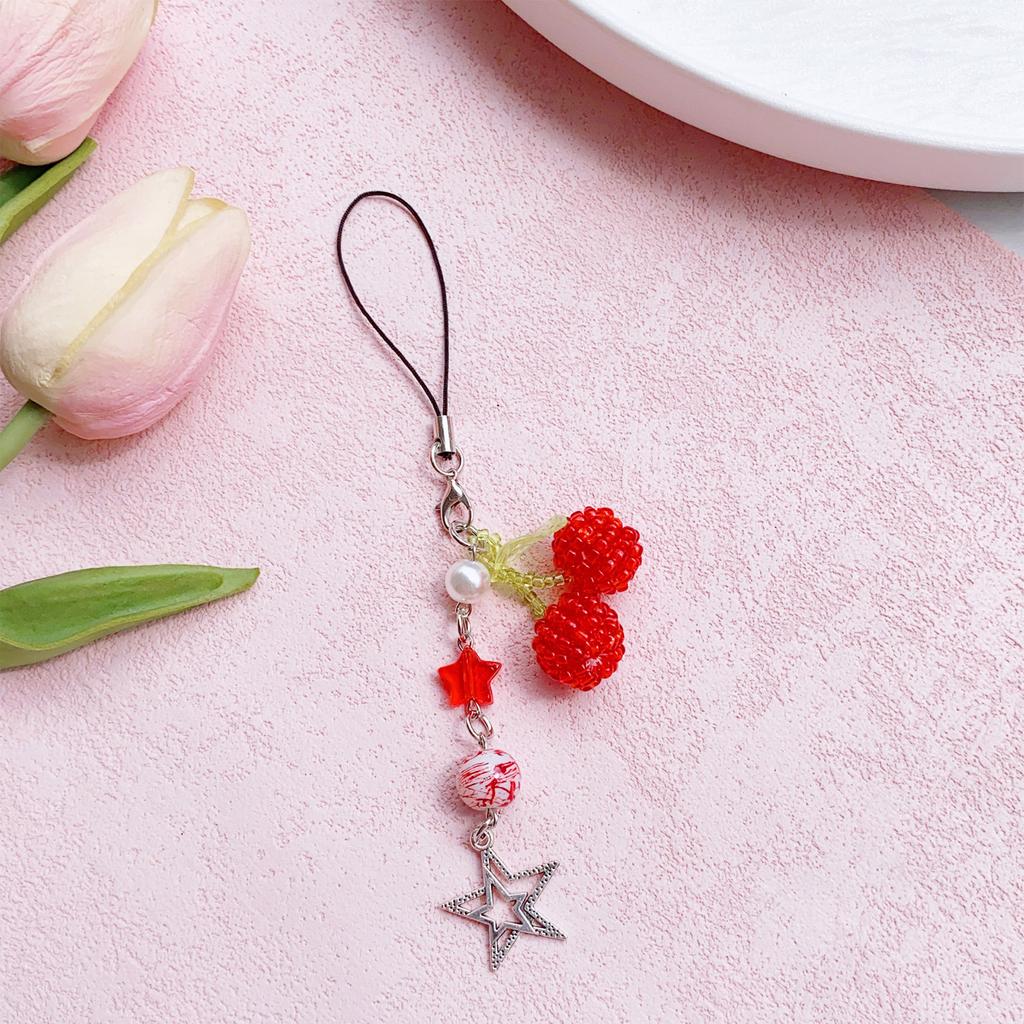 Cherry Cellphone Chain Colorful Beaded Keychain Handmade Detachable Phone Lanyard Pendant Ornament for Wallet Bag