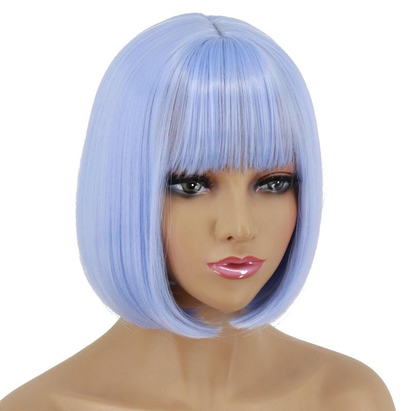 XINRAN Women Synthetic Light Purple Wig Cosplay Short Straight Bob Hair with Bangs Purple Wig Shoulder Length Halloween Party Wig