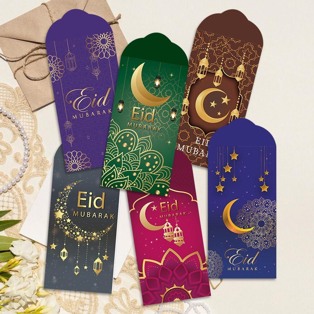 6Pcs Thickened Eid Mubarak Cash Envelopes Paper Ramadan Decoration for Family Gathering