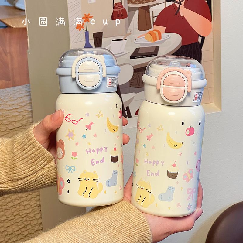 Thermos Cup Ins Wind New Girls High Value Straw Stainless Steel Large Capacity Portable Carrying Ring Student Water Cup