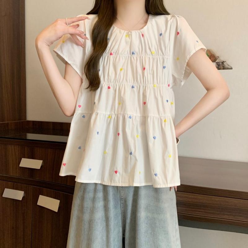 Fold Design Women's Short Sleeved T-shirt Colorful Heart Print Round Neck Tees Korean Sweet Ladies Clothing