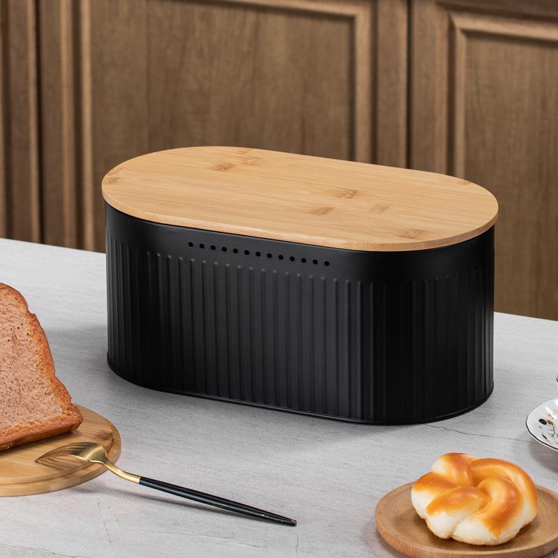 

Household bamboo cover bread box food grade baking fresh-keeping storage tank kitchen black oval vertical pattern bread box