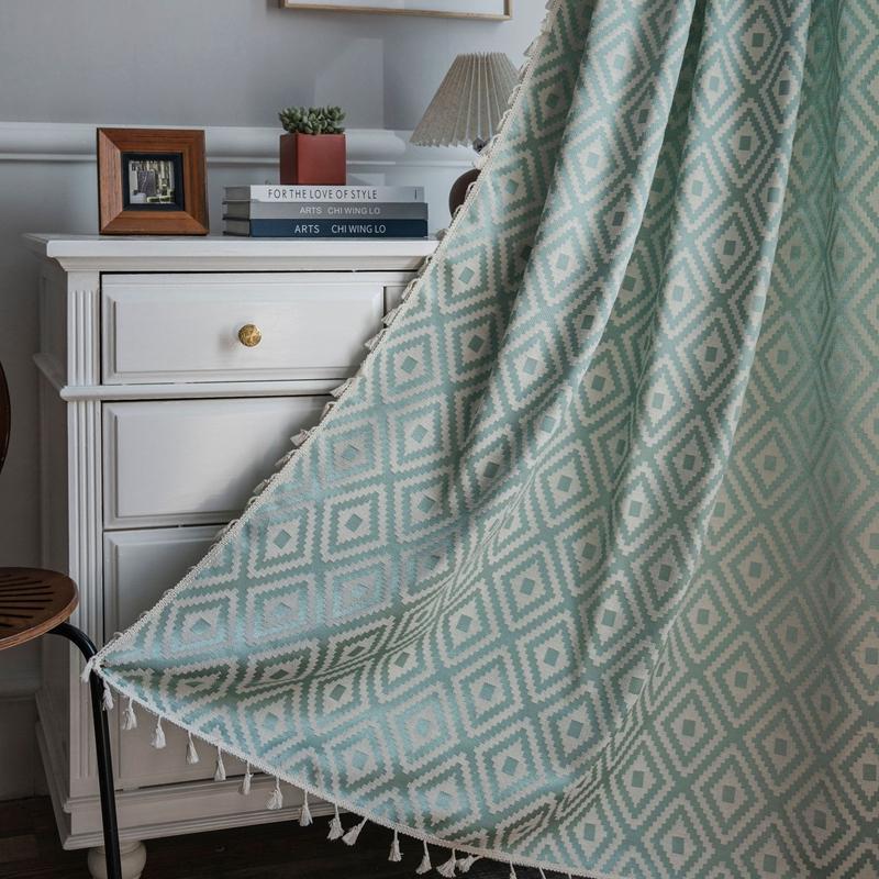Home Cotton Linen Striped Embroider Semi-blackout Curtain with Fringe Rod Pocket Valance Suitable for Dining Room Living Room