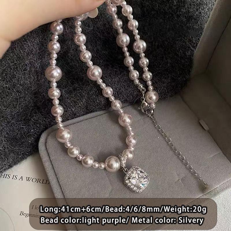 Autumn and Winter New Manta Rose Purple Pearl Zircon Square Pendant Necklace for Womens Trendy Jewelry Party Elegant Accessories