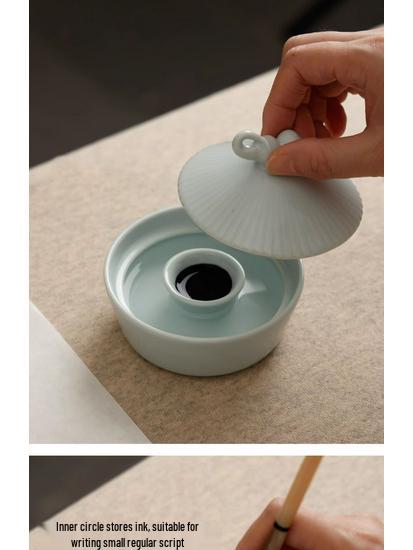 Bamboo Hat Porcelain Inkstone with Lid - Anti-Dry Ink Storage for Calligraphy Supplies and Study Decor