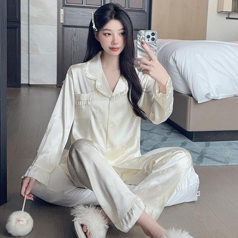High-End Jacquard Lotus Leaf Edge Design Ice Silk Pajamas Women'S Long-Sleeved Loungewear Two-Piece Set