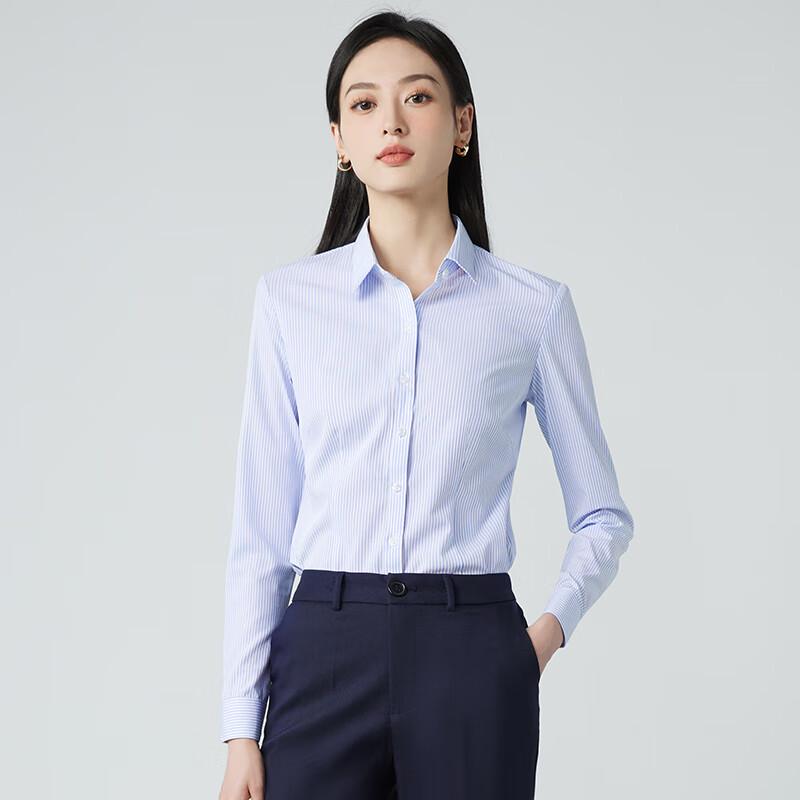 Teluoman Women s Elastic Wrinkle-Free Blue Stripe Office Blouse M
