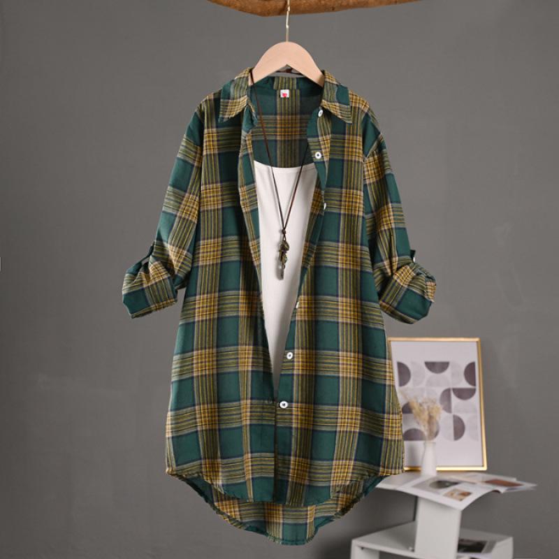 

Women s Loose-Fit Cross-Grid Shirt Jacket - High-Low Hem, Long Sleeve, Covers Butt, Cotton Linen, Plus Size 2XL зелёный
