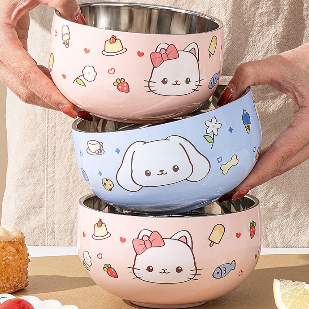 Anti-scalding Stainless Steel Children's Bowl Double Layer Rice Bowl Tableware Ramen Bowl  Soup