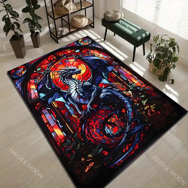 1PC Stained Glass Dragon Plants Carpet for Living Room Bedroom Sofa Home Decor Rus Non-slip Floor Mat Luxury Gift Multiple Sizes