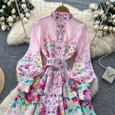 Celebrity Stand-up Collar Lantern Sleeve Printed Dress Women's Autumn Youth Age Reduction Waist and Thin A-shaped Skirt with Belt