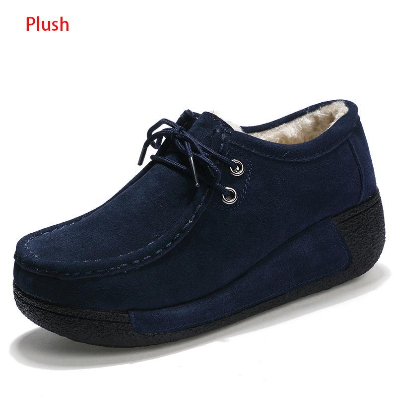 Genuine Leather Platform Flat Shoes Women Lace Up Plush Nubuck Cow Suede Sneakers Ladies Swing Shoes Wedge Shallow Espadrilles