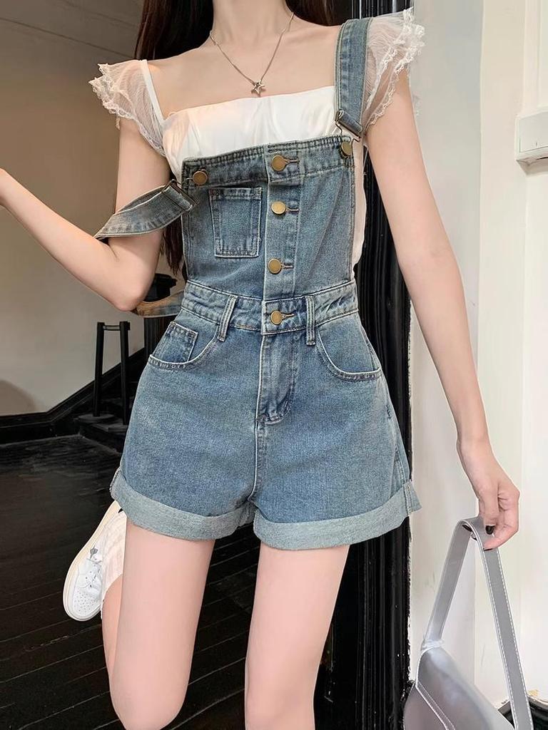 Women's Summer 2025 Slimming Retro Ruffled High Waist Denim Overall Shorts