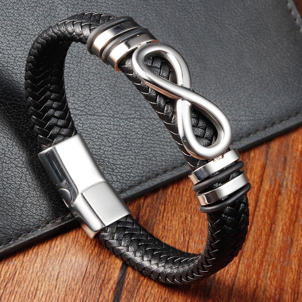 Classic Stainless Steel Leather Bracelet For Mens Chain Wristband Business Charm Jewelry Accessories for Dad Boyfriend