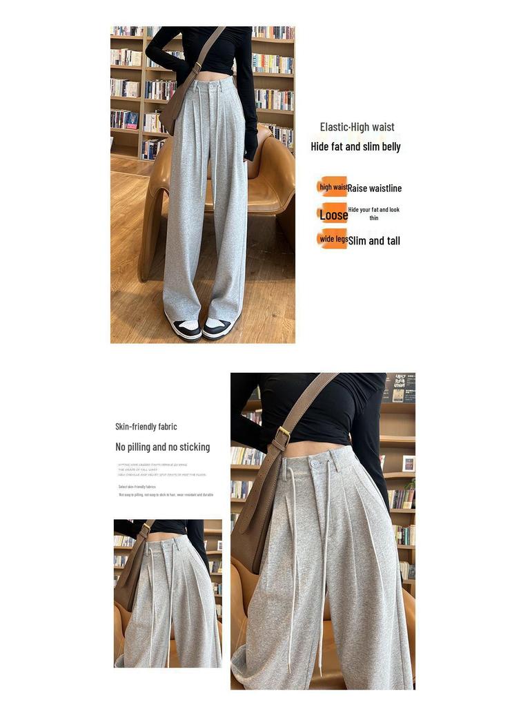 Gray High-Waist Wide Leg Women's Sweatpants - Spring/Autumn Casual Loose Fit with Drawstring