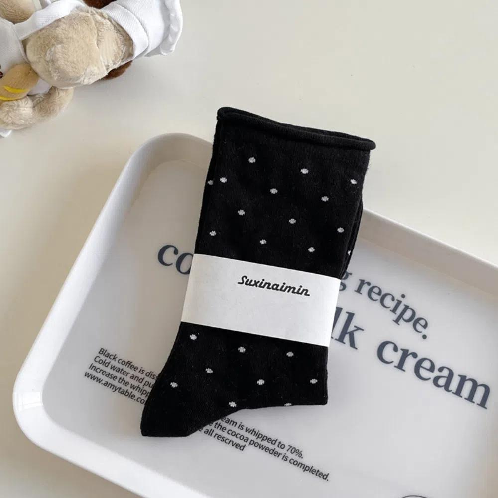 

Soft Curled-edge Polka Dot Socks Sweat Absorbent Thin Mid-Tube Socks Breathable Women s Socks Summer One Size чорний