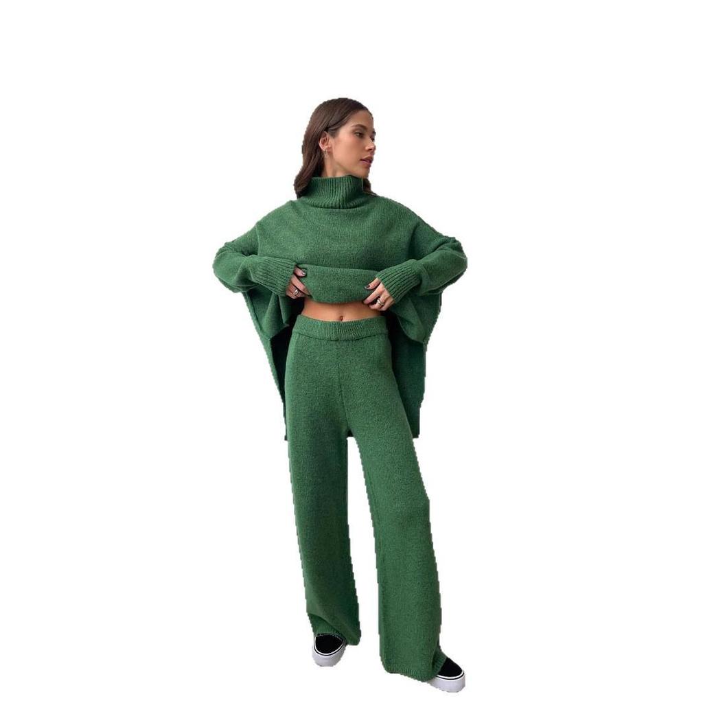 2025 Women's High Neck Wool Sweater & Slit Pants Set – European & American Loose Casual Two-Piece
