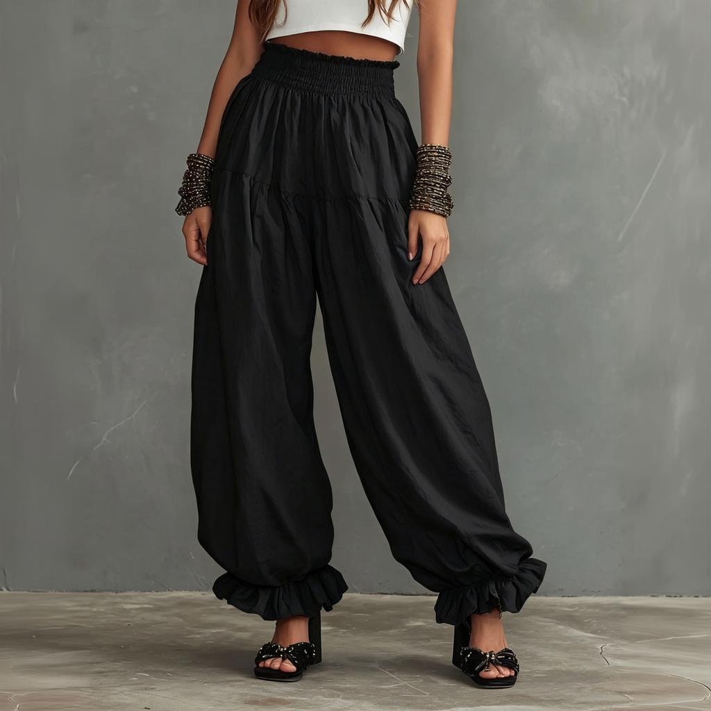 Women's Casual Lantern Pants High Waist Wide Leg Ruffle Hem Loose Fit Long Trousers Summer Lightweight Comfortable Design