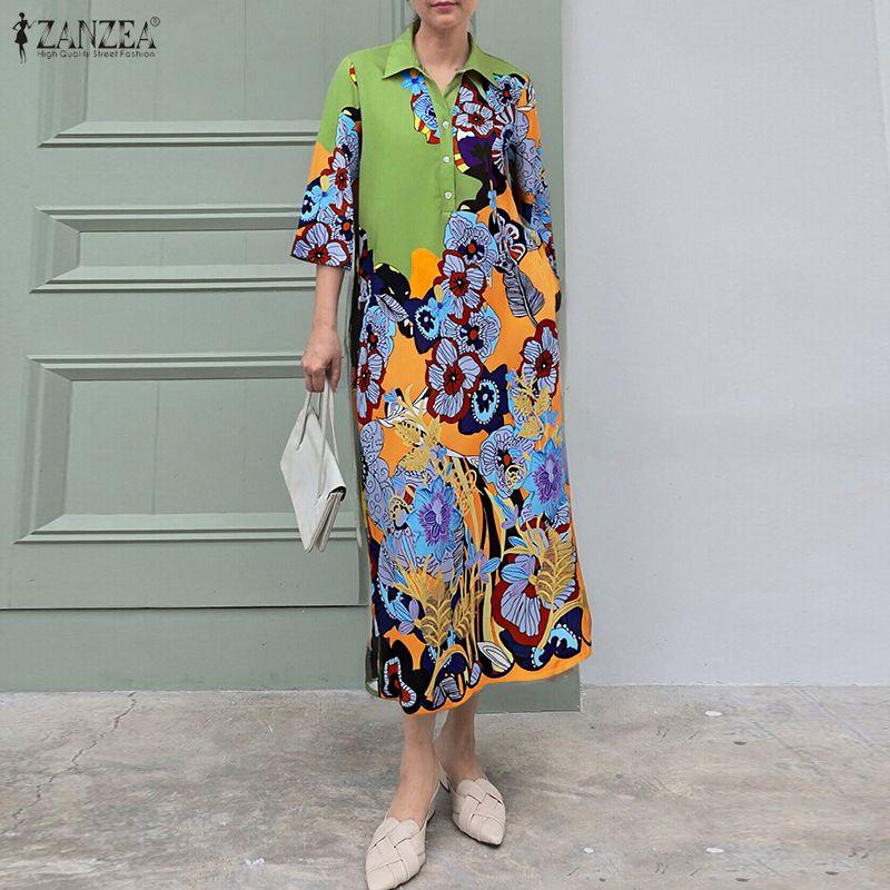 ZANZEA Women Turn Down Collar Loose Casual 3/4 Sleeve Print Long Dress