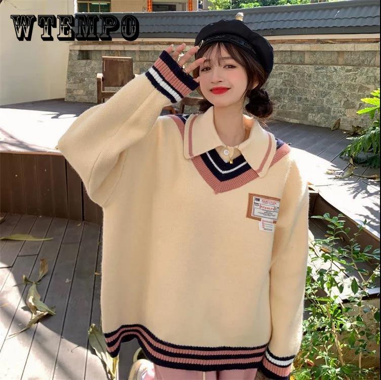 

Поддельный свитер из двух частей Женский осенний и зимний поло Воротник Дизайн Смысл Вязаный свитер Внешняя одежда Свободная и ленивый ветер Возрастной топ