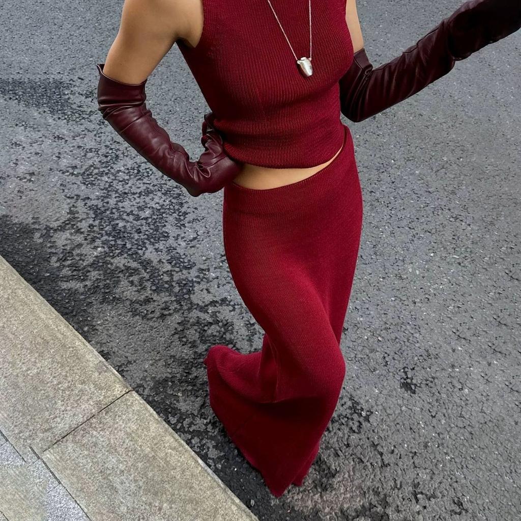 Lime Green Ribbed Knit Crop Top and Long Skirt Set