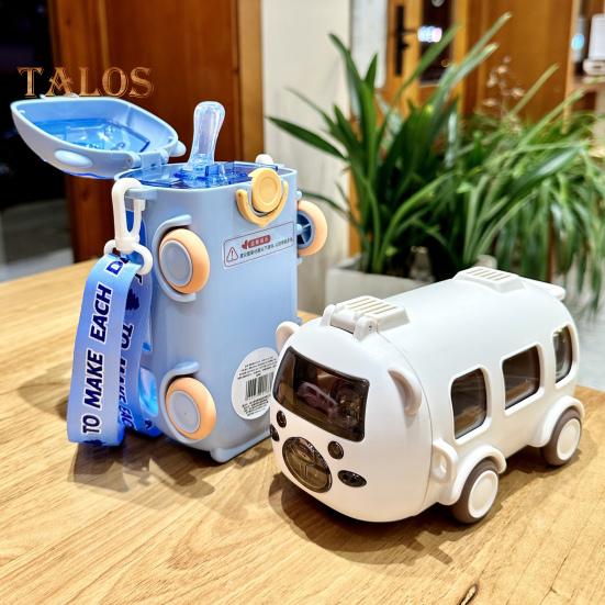 Cartoon Bus Water Bottle with Straw Strap 500ml Leakproof Lid Novel Children Drinking Bottle for Kids Cute Bus Shape Water Container for School