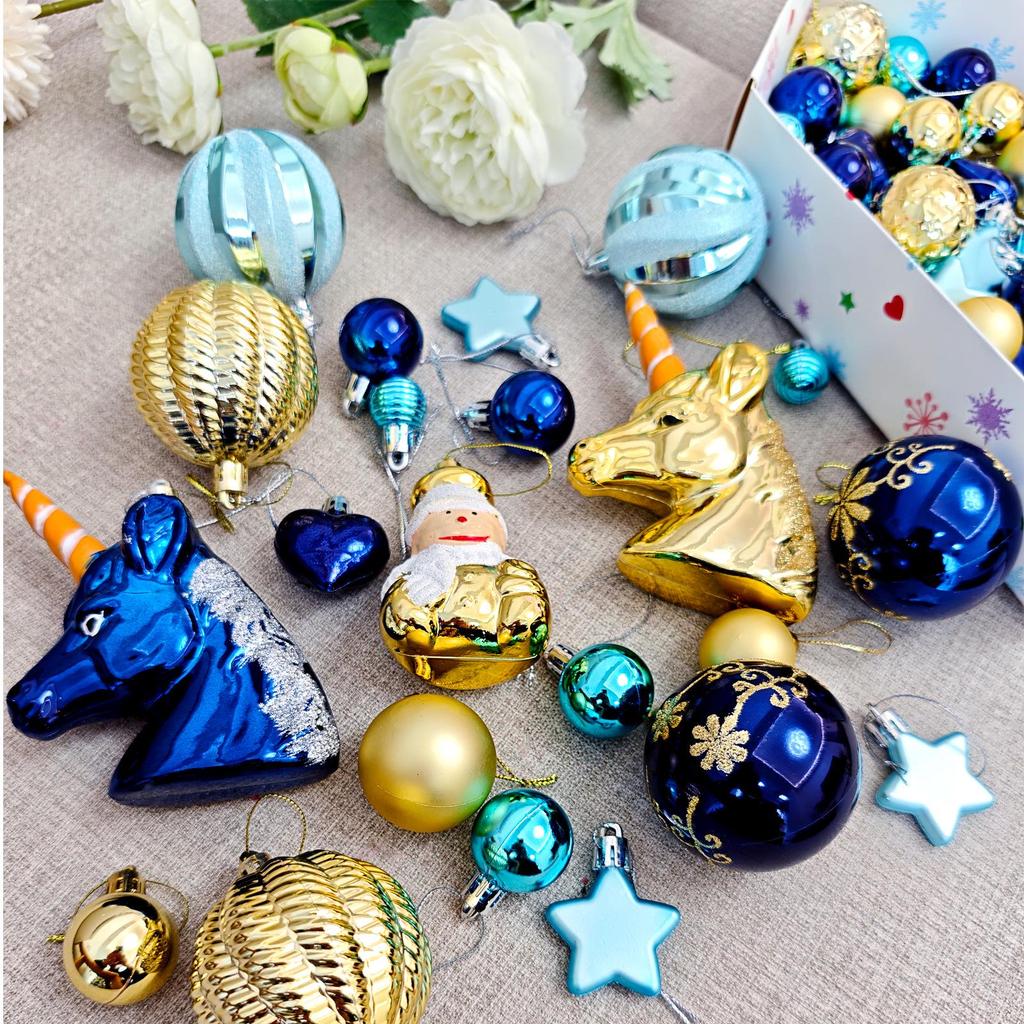 72-Piece Christmas Tree Decorations Set: Houses, Gift Boxes, Snowmen, Sleigh, and Painted Plastic Ornaments