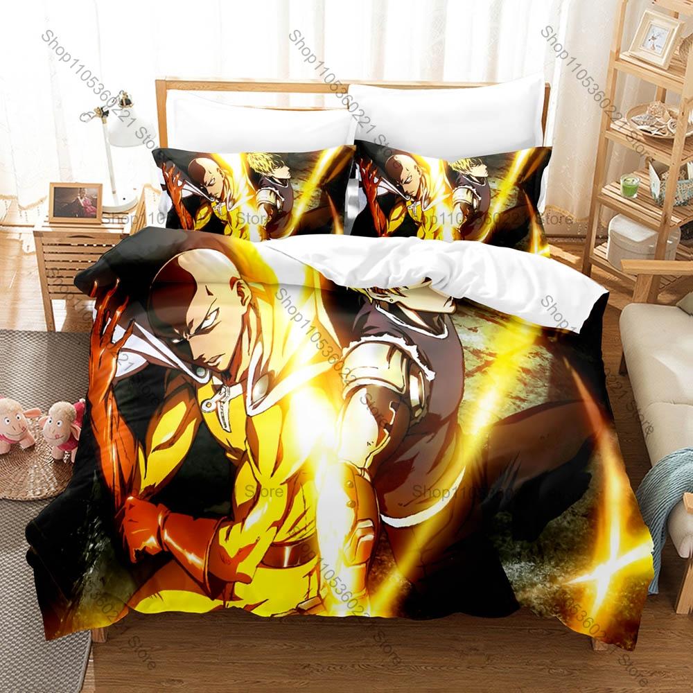 Conjunto de Roupa de Cama Anime One Punch Man Legal, Capa de Edredom + 2 Fronhas com Estampa de Personagem Herói para Uso em Casa e Dormitório