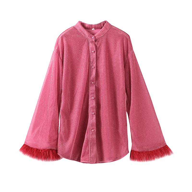 

Шикарная блестящая рубашка в стиле пэчворк с перьями, женская элегантная однобортная блузка с отложным воротником, осенний блестящий свободный топ M красный