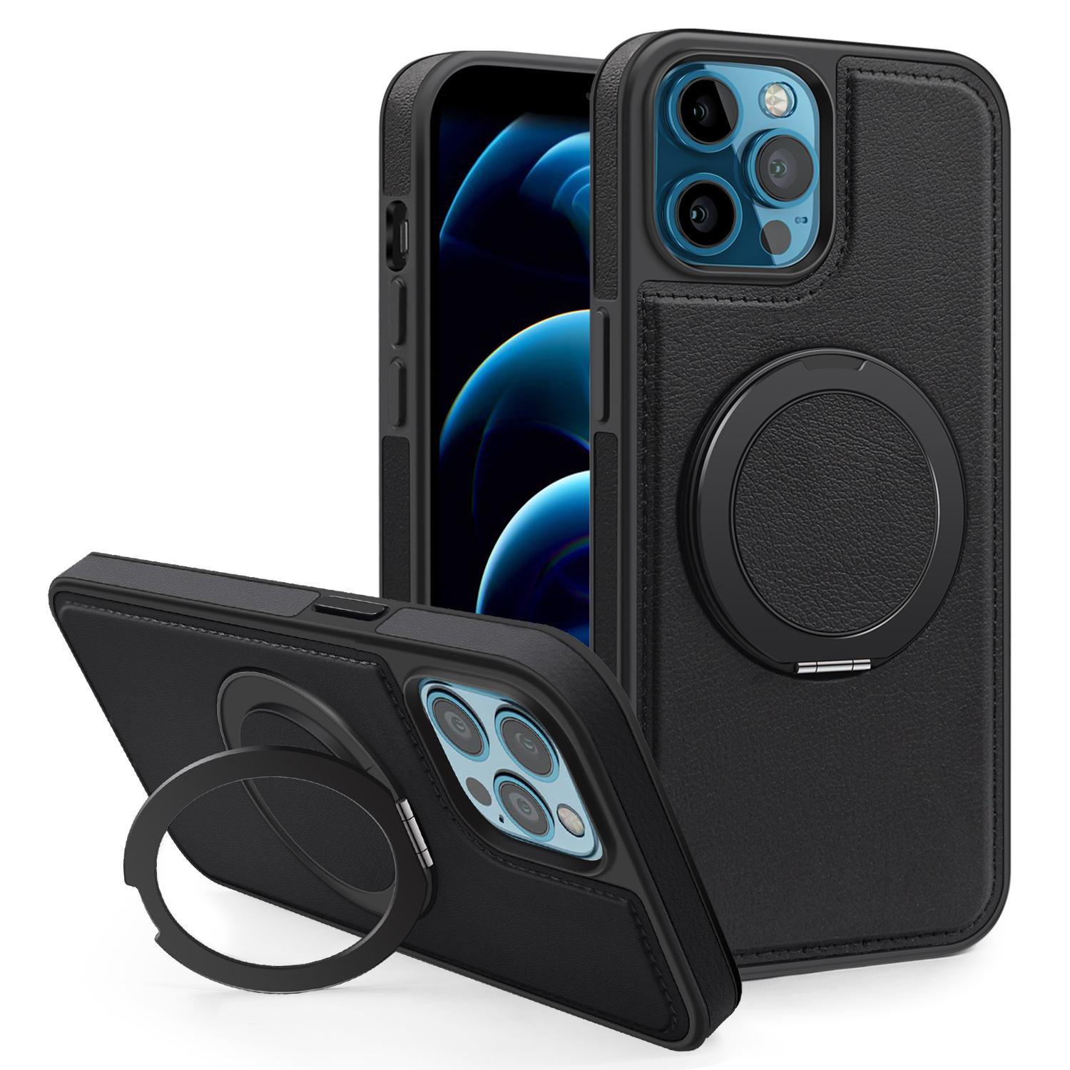 

For iPhone 12 Pro Max Case with Ring Kickstand Compatible with MagSafe PU Leather Back Cover Black