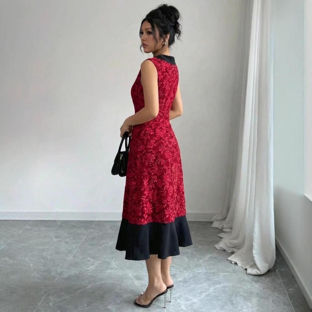Elegant French-Inspired Red Long Dress