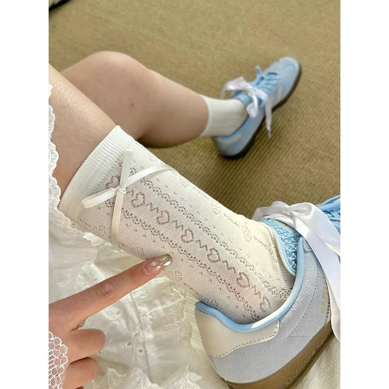 

Spring and summer thin cream mesh stacked socks, side bow streamers, love carved air tube socks, Lolita one size fits all