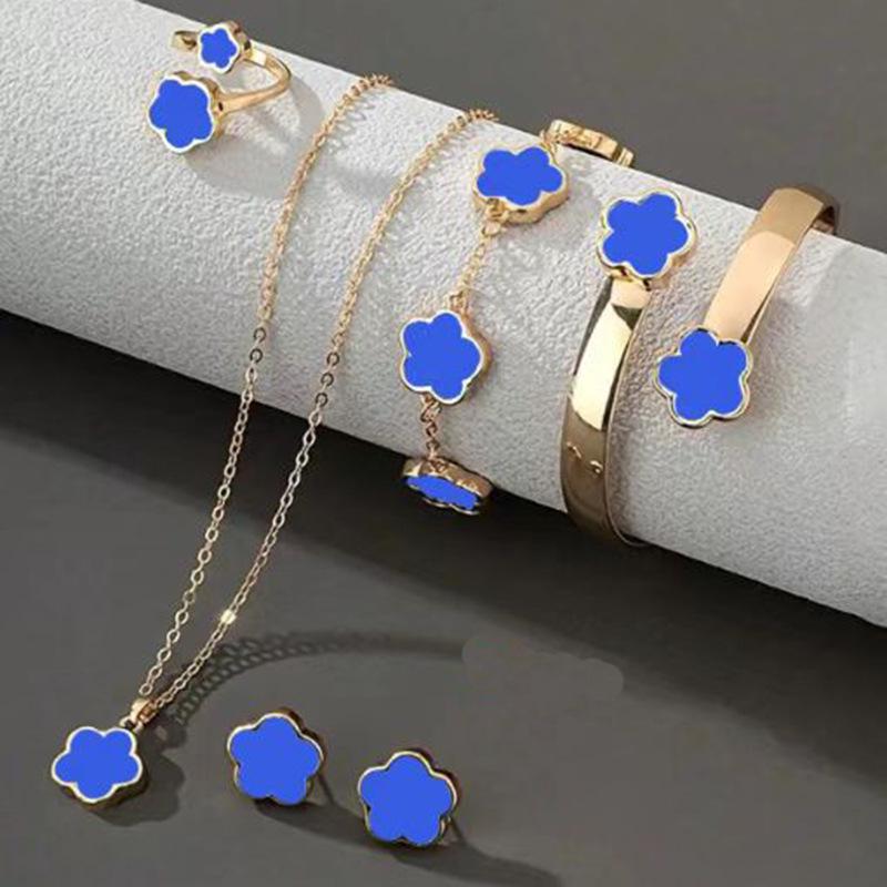 European Elegance: Five-Petal Flower Jewelry Set (Necklace, Bracelet, Bangle, Earrings, Ring)