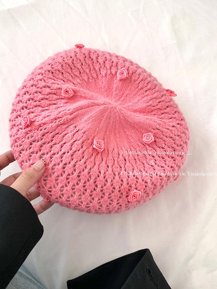 Rose hollow knitted beret women's thin face small painter hat versatile big head circumference hat tide