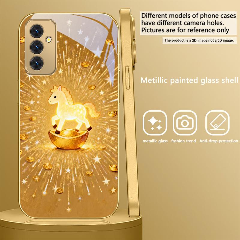 The shining golden pony For Samsung A 31 32 A33 A34 35 14 A15 13 A16 25 26 50 52 53 54 55 56 70 71 72 73 Golden glass phone case